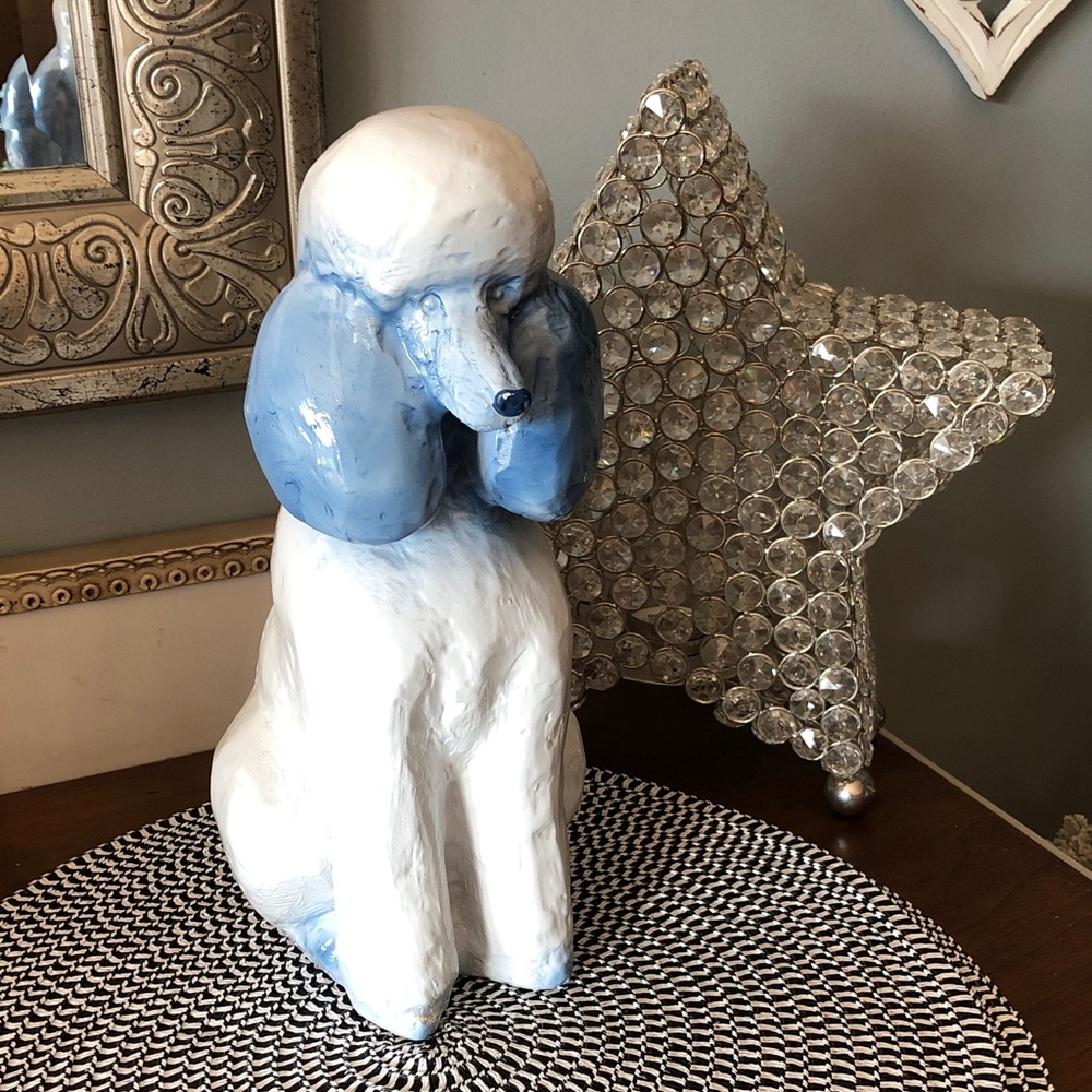 New with tag. Ashland White and Light Blue Ceramic Poodle Sculpture
